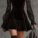 Velvet-trimmed lace-sleeved cutout fitted mini dress