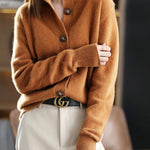 Caramel O-Neck Button Woolen Cardigan Long Sleeve