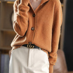 Caramel O-Neck Button Woolen Cardigan Long Sleeve