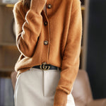 Caramel O-Neck Button Woolen Cardigan Long Sleeve