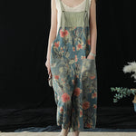 Casual Blue Pockets Patchwork Print Cotton Denim Wide Leg Pants Jumpsuit Summer