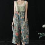 Casual Blue Pockets Patchwork Print Cotton Denim Wide Leg Pants Jumpsuit Summer