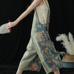 Casual Blue Pockets Patchwork Print Cotton Denim Wide Leg Pants Jumpsuit Summer