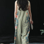 Casual Blue Pockets Patchwork Print Cotton Denim Wide Leg Pants Jumpsuit Summer