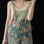Casual Blue Pockets Patchwork Print Cotton Denim Wide Leg Pants Jumpsuit Summer