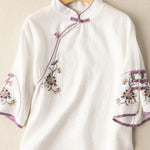 Casual White Embroideried Button Blouse Tops Half Sleeve