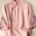 Casual White Embroideried Button Blouse Tops Half Sleeve