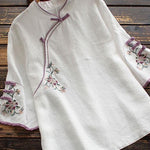Casual White Embroideried Button Blouse Tops Half Sleeve
