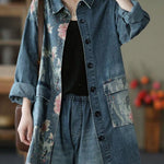 Classy Big Flower Print Patchwork Blouse Tops Denim Jacket