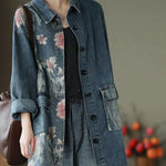 Classy Big Flower Print Patchwork Blouse Tops Denim Jacket