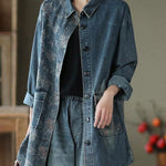 Classy Big Flower Print Patchwork Blouse Tops Denim Jacket