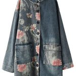 Classy Big Flower Print Patchwork Blouse Tops Denim Jacket