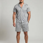 KZZ Men's Solid Color Hollow-Out Short-Sleeve Shirt and Shorts Set