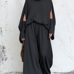 Cowl Neck Poncho Top With Wide-Leg Pants Two Pieces