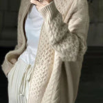 DIY Beige Zip Up Casual Woolen Knitted Tops Coat Winters