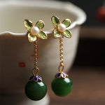 DIY Green Clover Floral Jade Gem Stone Drop Earrings
