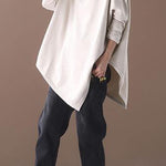 DIY asymmetric hem cotton high neck blouses for women Fabrics beige white tops