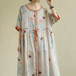 Diy Floral Chiffon Long Shirts O Neck Drawstring Robe Summer Dresses