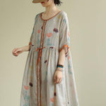 Diy Floral Chiffon Long Shirts O Neck Drawstring Robe Summer Dresses