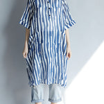 DIY lapel pockets Cotton Tunic Fitted Sleeve blue striped A Line Dresses summer