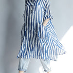 DIY lapel pockets Cotton Tunic Fitted Sleeve blue striped A Line Dresses summer
