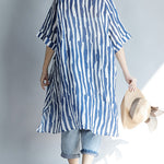 DIY lapel pockets Cotton Tunic Fitted Sleeve blue striped A Line Dresses summer