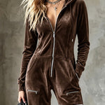 Brown Velvet Hooded Zipper Wide Leg Jumpsuit