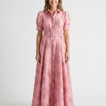 Xanthea | Short Sleeve Belted Floral Textured Maxi Shirt Dress