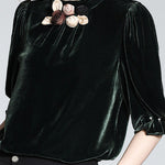 Elegant Blackish Green Stand Collar Floral Silk Velour Top Short Sleeve