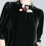 Elegant Blackish Green Stand Collar Floral Silk Velour Top Short Sleeve