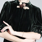 Elegant Blackish Green Stand Collar Floral Silk Velour Top Short Sleeve