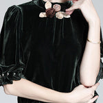 Elegant Blackish Green Stand Collar Floral Silk Velour Top Short Sleeve