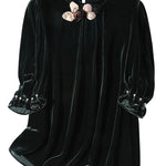 Elegant Blackish Green Stand Collar Floral Silk Velour Top Short Sleeve