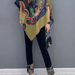 Elegant Colorblock Asymmetrical Print Chiffon Top Batwing Sleeve
