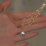 Elegant Gold Pearl Lace Tassel Pendant Necklace