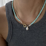Elegant Green Copper Turquoise Pearl Pendant Necklace