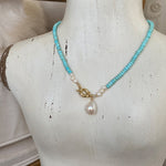 Elegant Green Copper Turquoise Pearl Pendant Necklace