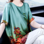 Elegant Green O-Neck Print Silk Tops For Women Short Sleeve