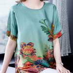 Elegant Green O-Neck Print Silk Tops For Women Short Sleeve