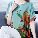 Elegant Green O-Neck Print Silk Tops For Women Short Sleeve