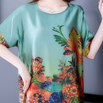 Elegant Green O-Neck Print Silk Tops For Women Short Sleeve