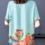 Elegant Green O-Neck Print Silk Tops For Women Short Sleeve