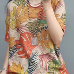 Elegant Print O-Neck Cotton Top Short Sleeve