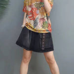 Elegant Print O-Neck Cotton Top Short Sleeve