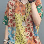Elegant Print O-Neck Cotton Top Short Sleeve