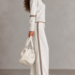 White Half-zip Collar Ribbed Sweatshirt And Color-blocked Wide-leg Pants Suit