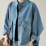 Fashion Blue Stand Collar Button Big Pockets Denim Coat Long Sleeve