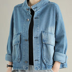 Fashion Blue Stand Collar Button Big Pockets Denim Coat Long Sleeve