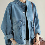 Fashion Blue Stand Collar Button Big Pockets Denim Coat Long Sleeve