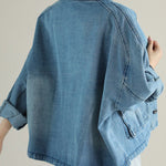Fashion Blue Stand Collar Button Big Pockets Denim Coat Long Sleeve